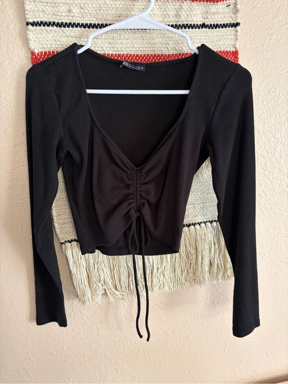 Zara Black Ruched Drawstring Long-Sleeve Top